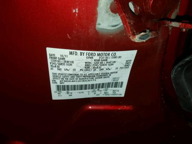 2FMDK4KC2CBA30173 - 2012 FORD EDGE LIMIT RED photo 10