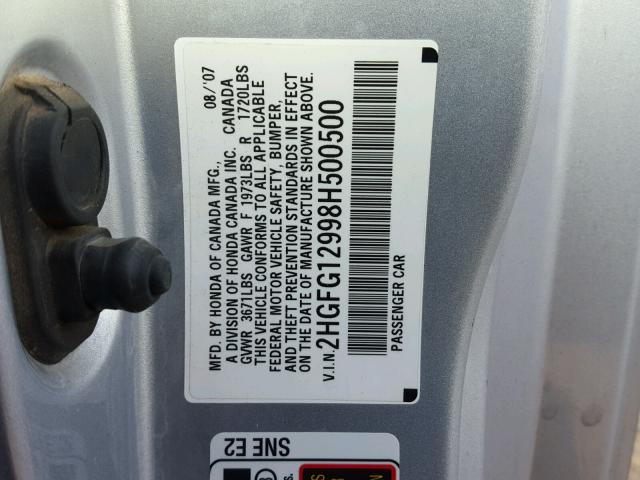 2HGFG12998H500500 - 2008 HONDA CIVIC EXL SILVER photo 10