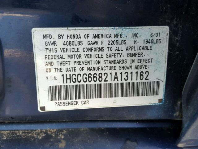 1HGCG66821A131162 - 2001 HONDA ACCORD EX BLUE photo 10