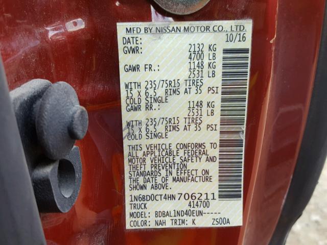 1N6BD0CT4HN706211 - 2017 NISSAN FRONTIER S RED photo 10