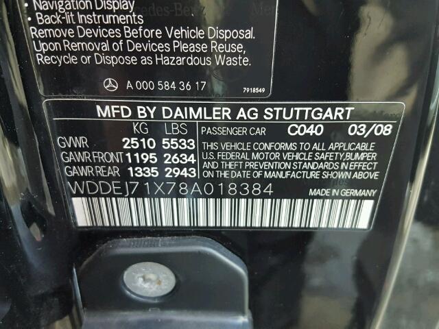 WDDEJ71X78A018384 - 2008 MERCEDES-BENZ CL 550 BLACK photo 10