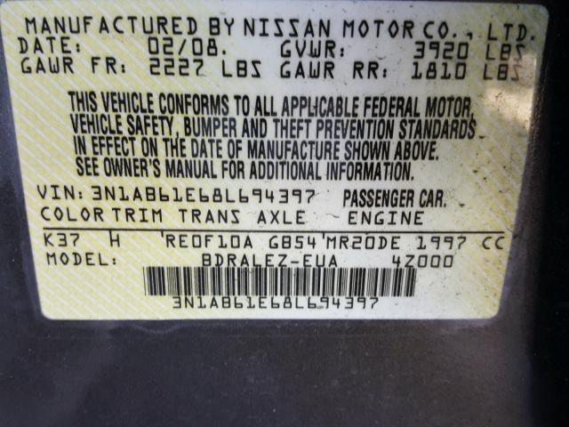 3N1AB61E68L694397 - 2008 NISSAN SENTRA 2.0 CHARCOAL photo 10