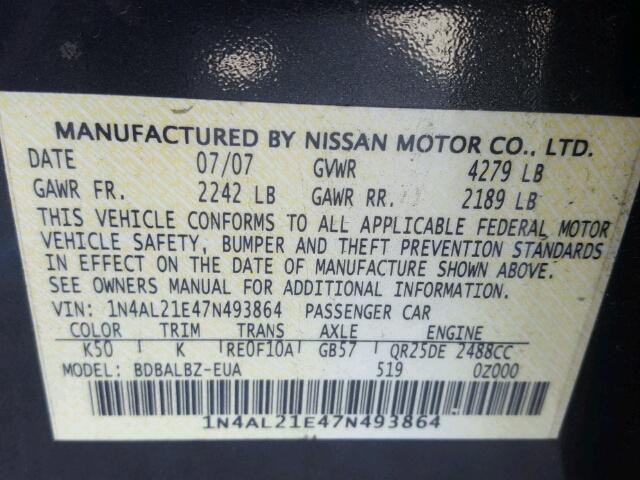 1N4AL21E47N493864 - 2007 NISSAN ALTIMA 2.5 GRAY photo 10