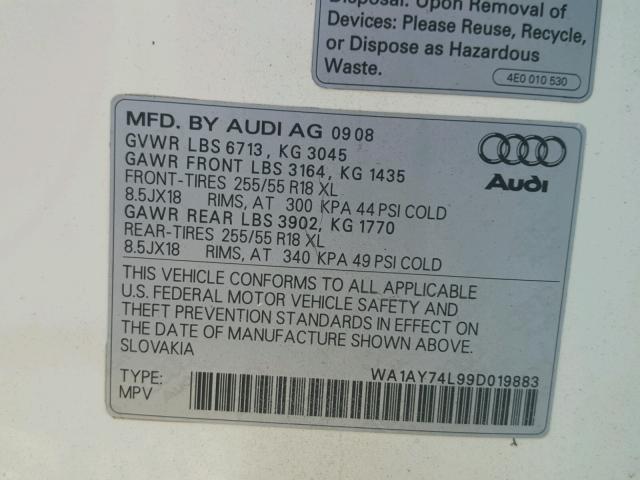 WA1AY74L99D019883 - 2009 AUDI Q7 3.6 QUA WHITE photo 10