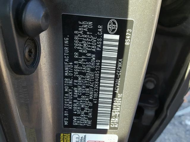 4T1BE32K84U851340 - 2004 TOYOTA CAMRY LE CHARCOAL photo 10