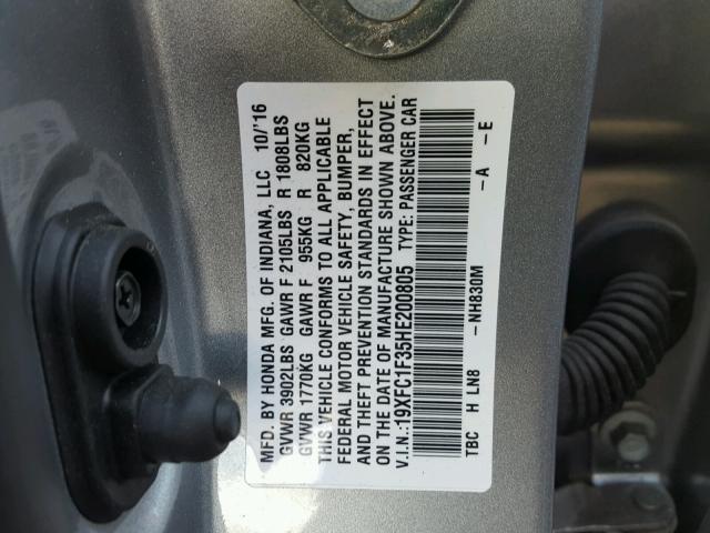 19XFC1F35HE200805 - 2017 HONDA CIVIC EX SILVER photo 10