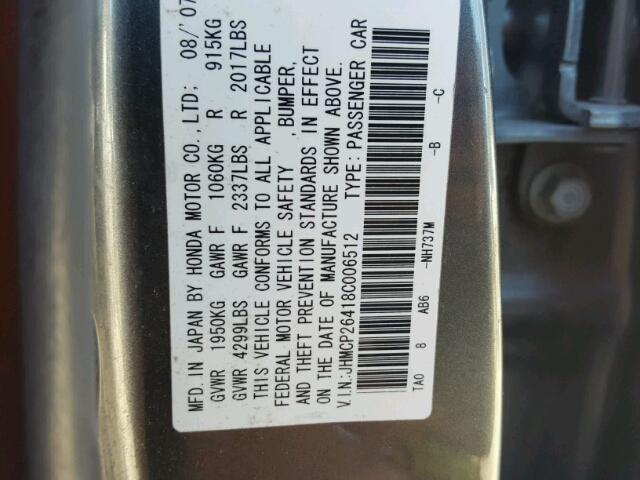 JHMCP26418C006512 - 2008 HONDA ACCORD LXP GRAY photo 10