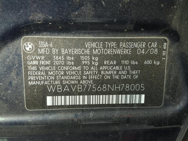 WBAVB77568NH78005 - 2008 BMW 335 I BLUE photo 10