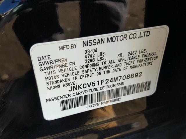 JNKCV51F24M708892 - 2004 INFINITI G35 BLACK photo 10