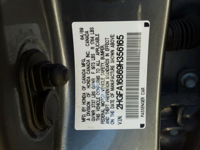 2HGFA16869H356165 - 2009 HONDA CIVIC EX GRAY photo 10