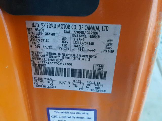 2FTPX17Z7YCA91700 - 2000 FORD F150 ORANGE photo 10