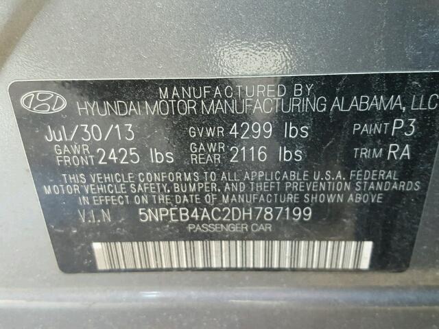 5NPEB4AC2DH787199 - 2013 HYUNDAI SONATA GLS GRAY photo 10