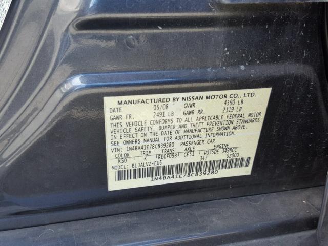 1N4BA41E78C839280 - 2008 NISSAN MAXIMA SE CHARCOAL photo 10