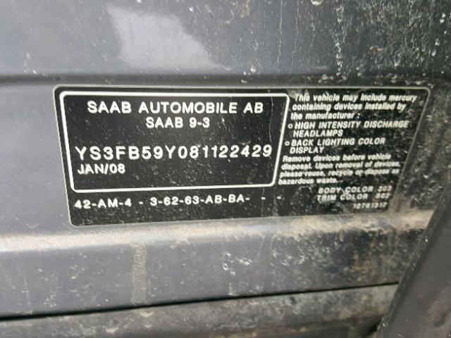 YS3FB59Y081122429 - 2008 SAAB 9-3 2.0T SILVER photo 10