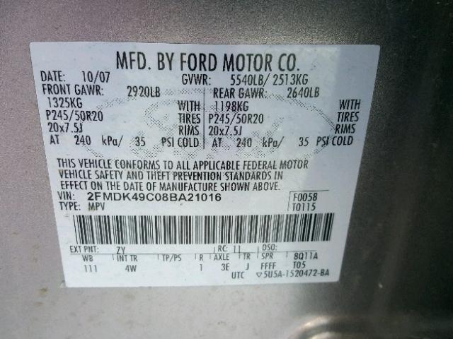 2FMDK49C08BA21016 - 2008 FORD EDGE LIMIT SILVER photo 10