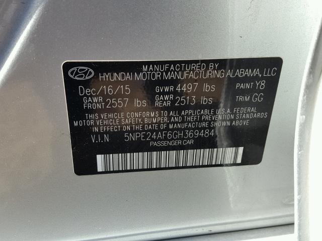 5NPE24AF6GH369484 - 2016 HYUNDAI SONATA SE SILVER photo 10