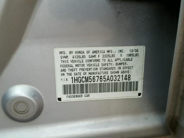 1HGCM56765A032148 - 2005 HONDA ACCORD EX SILVER photo 10