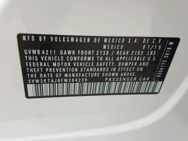 3VW2K7AJ8FM284239 - 2015 VOLKSWAGEN JETTA BASE 白色 照片 10