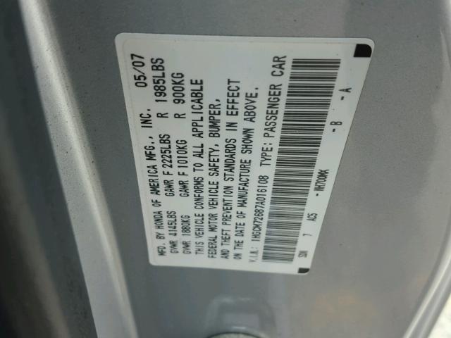 1HGCM72687A016108 - 2007 HONDA ACCORD EX SILVER photo 10