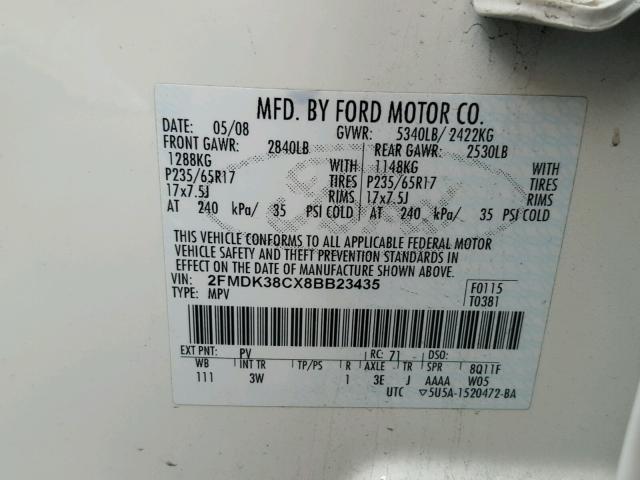 2FMDK38CX8BB23435 - 2008 FORD EDGE SEL WHITE photo 10