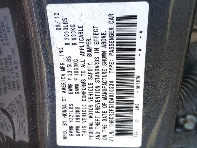 1HGCR2F51DA016534 - 2013 HONDA ACCORD SPO GRAY photo 10