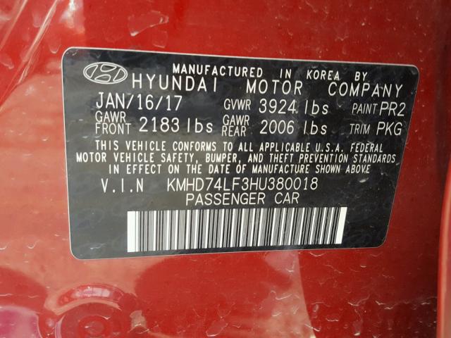 KMHD74LF3HU380018 - 2017 HYUNDAI ELANTRA SE RED photo 10