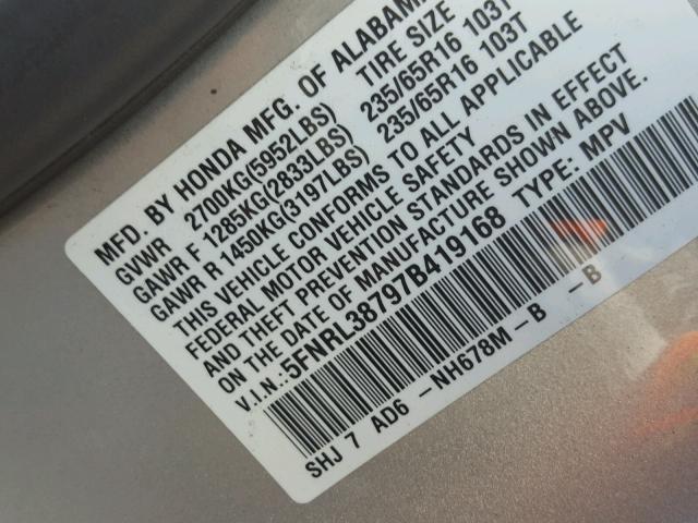 5FNRL38797B419168 - 2007 HONDA ODYSSEY EX SILVER photo 10