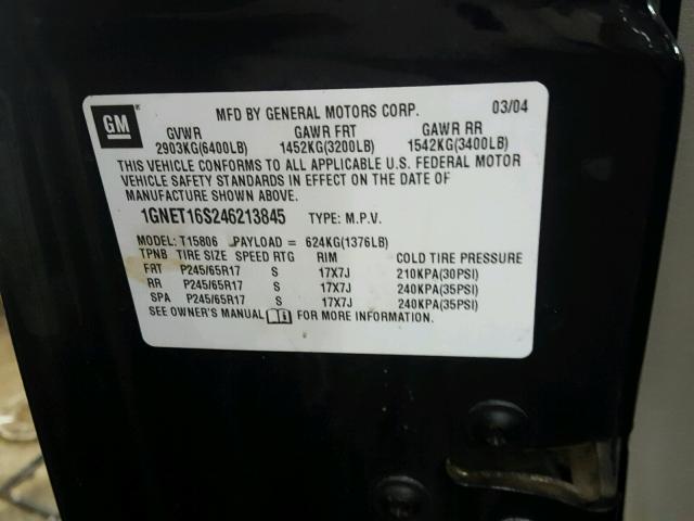 1GNET16S246213845 - 2004 CHEVROLET TRAILBLAZE BLACK photo 10