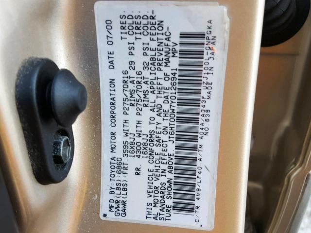 JT6HT00W7Y0126941 - 2000 LEXUS LX 470 TAN photo 10