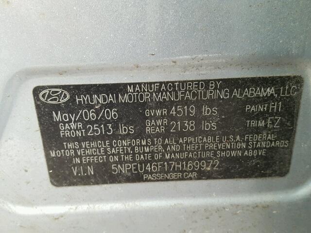 5NPEU46F17H169972 - 2007 HYUNDAI SONATA SE BLUE photo 10