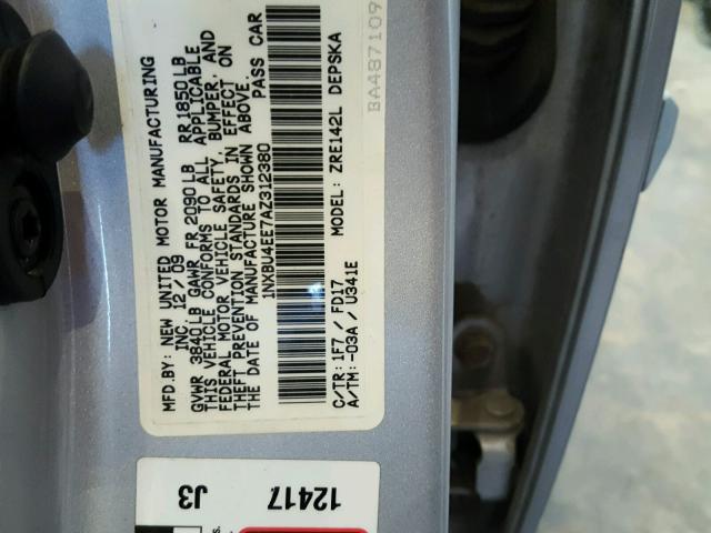 1NXBU4EE7AZ312380 - 2010 TOYOTA COROLLA BA SILVER photo 10