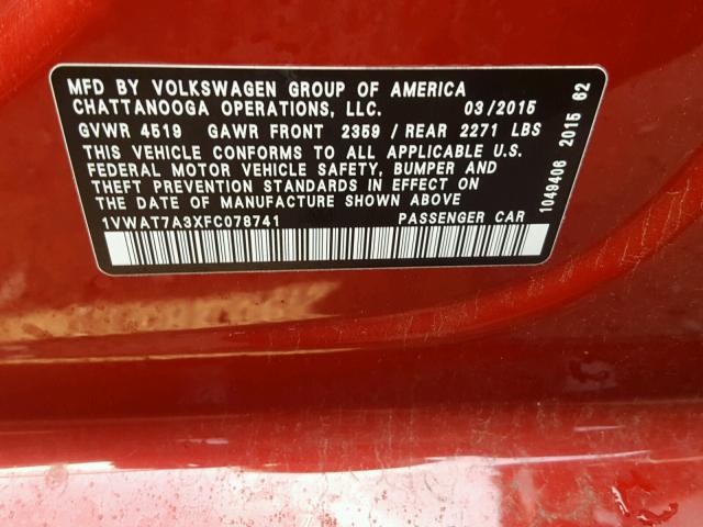 1VWAT7A3XFC078741 - 2015 VOLKSWAGEN PASSAT S RED photo 10