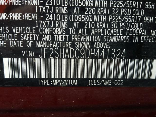 JF2SHADC9DH441324 - 2013 SUBARU FORESTER 2 RED photo 10