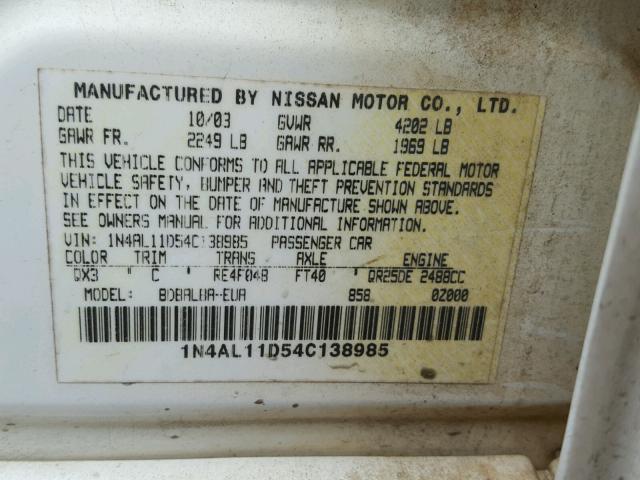 1N4AL11D54C138985 - 2004 NISSAN ALTIMA BAS WHITE photo 10