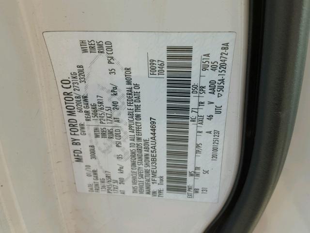 1FMEU3BE5AUA44697 - 2010 FORD EXPLORER S WHITE photo 10