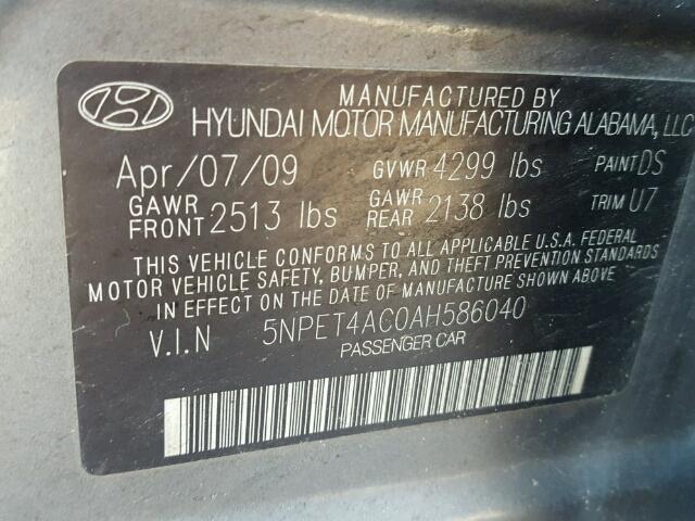 5NPET4AC0AH586040 - 2010 HYUNDAI SONATA GLS GRAY photo 10