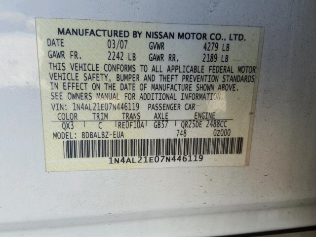 1N4AL21E07N446119 - 2007 NISSAN ALTIMA 2.5 WHITE photo 10