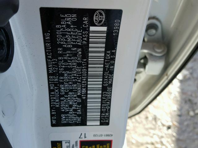 4T1BK1EB4EU091174 - 2014 TOYOTA AVALON BAS 白色 照片 10