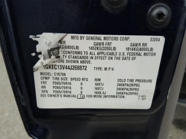 1GKEC13V44J268872 - 2004 GMC YUKON BLUE photo 10