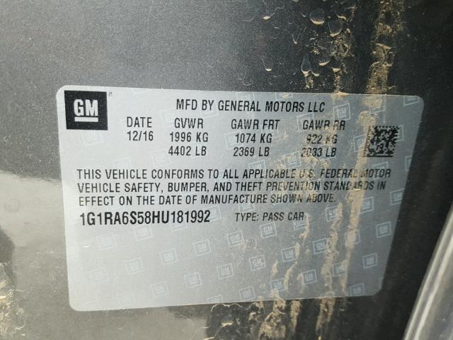 1G1RA6S58HU181992 - 2017 CHEVROLET VOLT LT GRAY photo 10