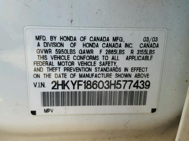 2HKYF18603H577439 - 2003 HONDA PILOT EXL WHITE photo 10