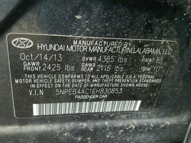 5NPEB4AC1EH830853 - 2014 HYUNDAI SONATA GLS BLACK photo 10