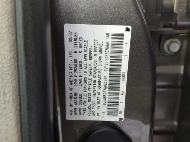 19UUA66297A024362 - 2007 ACURA TL GRAY photo 10