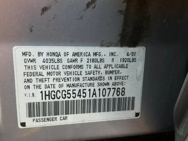 1HGCG55451A107768 - 2001 HONDA ACCORD LX SILVER photo 10