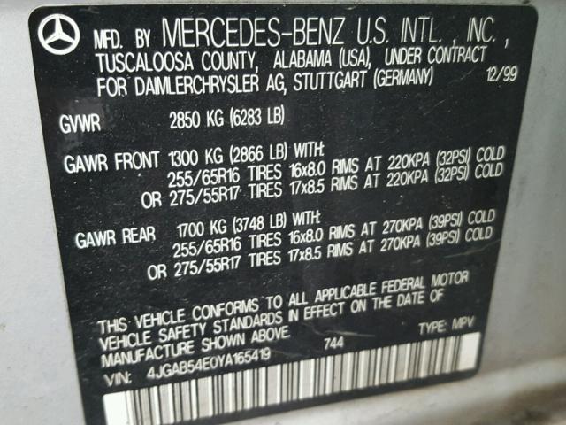 4JGAB54E0YA165419 - 2000 MERCEDES-BENZ ML 320 GRAY photo 10