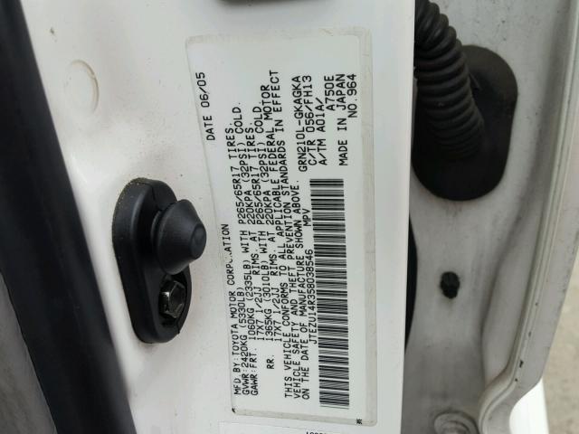 JTEZU14R358038546 - 2005 TOYOTA 4RUNNER SR WHITE photo 10