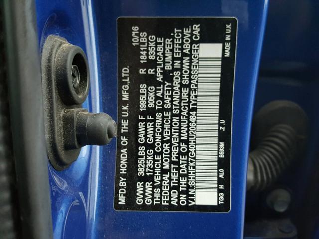 SHHFK7G40HU206484 - 2017 HONDA CIVIC SPOR BLUE photo 10