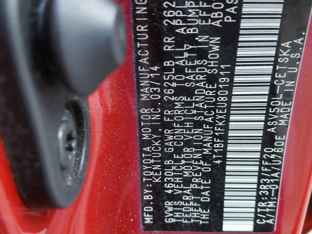 4T1BF1FKXEU801911 - 2014 TOYOTA CAMRY L RED photo 10