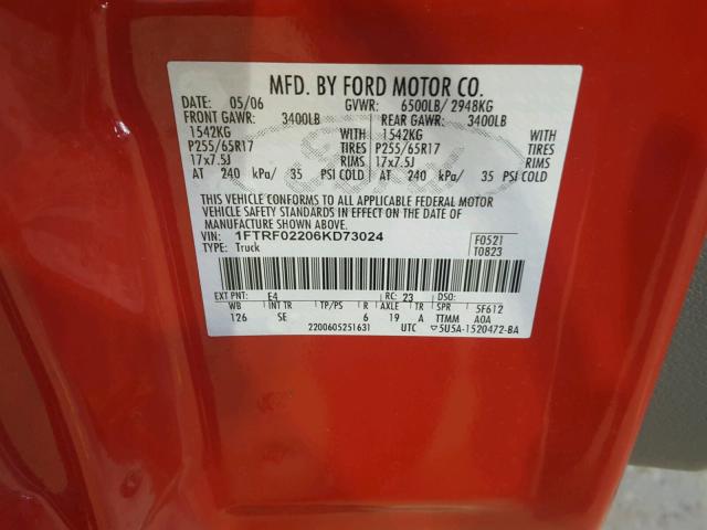 1FTRF02206KD73024 - 2006 FORD F150 RED photo 10