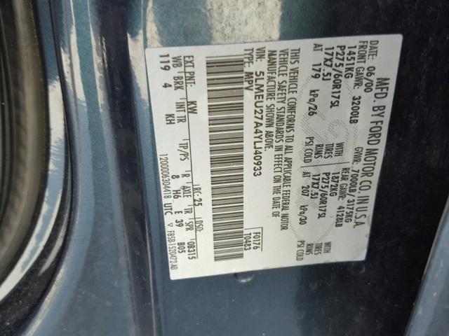 5LMEU27A4YLJ40933 - 2000 LINCOLN NAVIGATOR BLUE photo 10